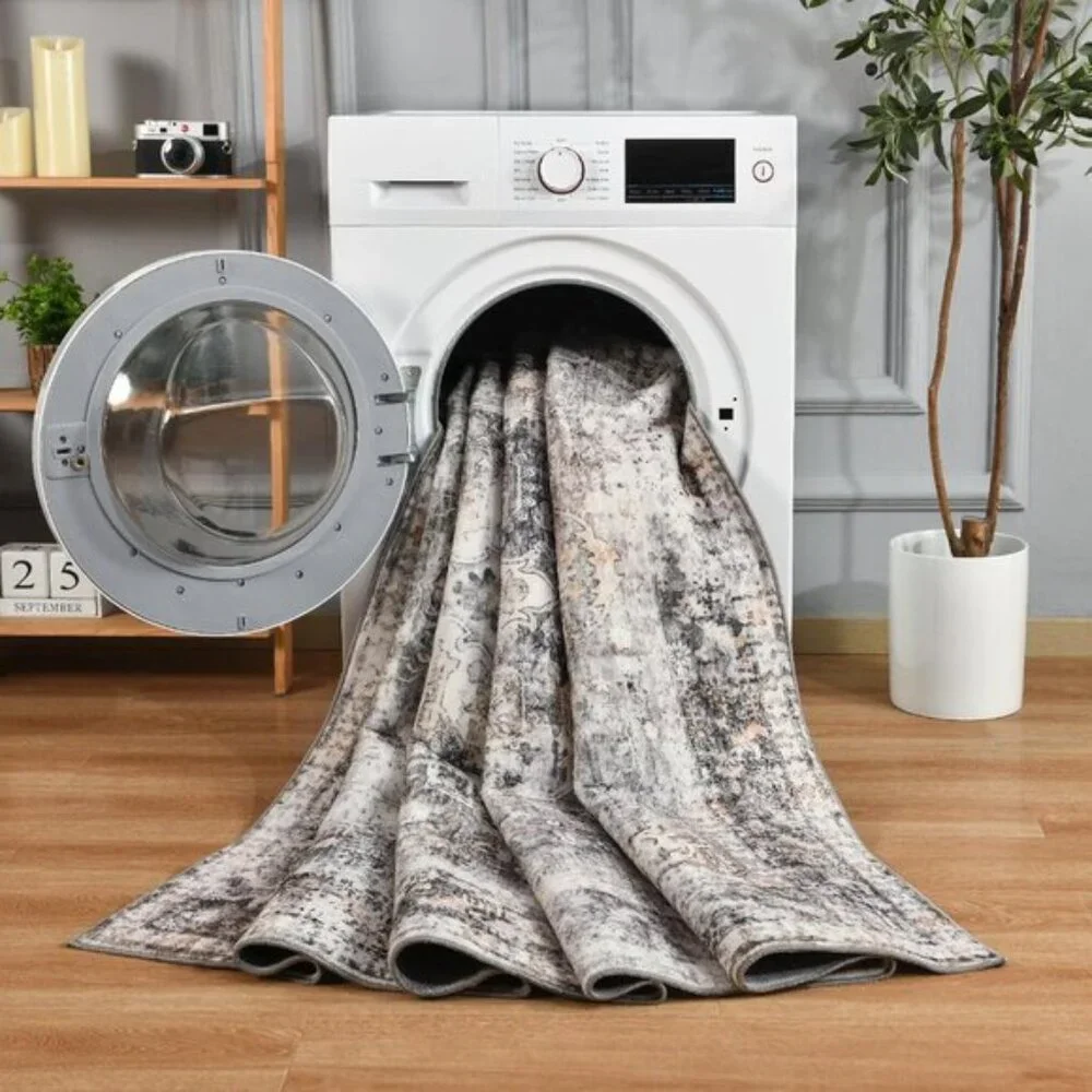 New 5x7 Gray Vintage Area Rug, Washable Non-Slip Floral Carpet for Indoor Use